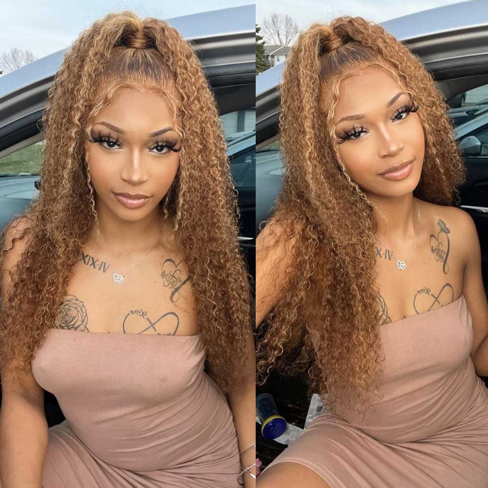 Honey Blonde Highlight 13x6 Lace Front Wigs Ombre Color Kinky Curly Human Hair Wigs