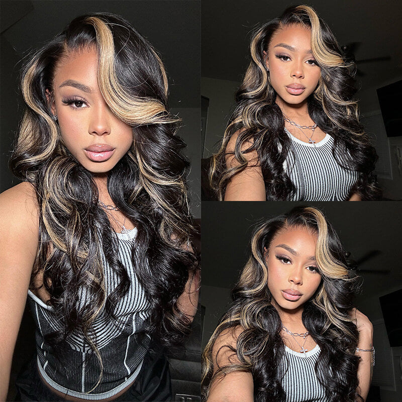 [Aicrelery] Balayage Highlight Colored Body Wave Wigs HD Lace Human Hair Wigs Natural Hairline