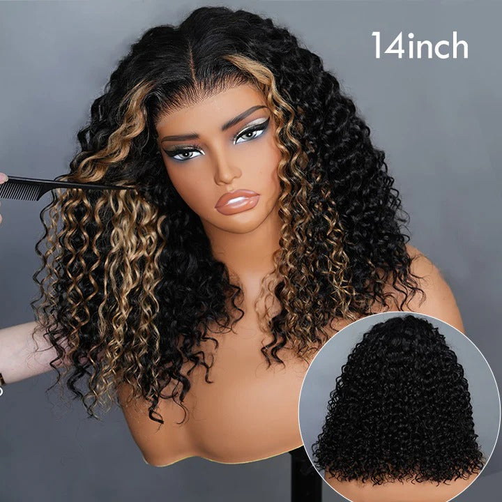 Back view of honey blonde curly human hair wig with full body