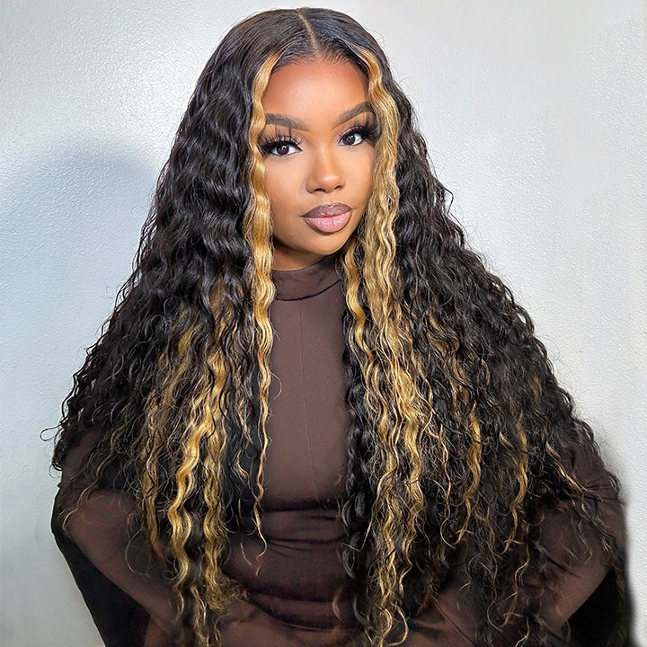 Honey blonde highlight curly wig front view with natural volume