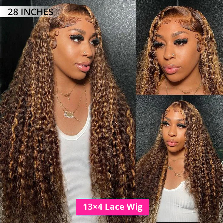 Back view of honey blonde water wave human hair wig with full volume