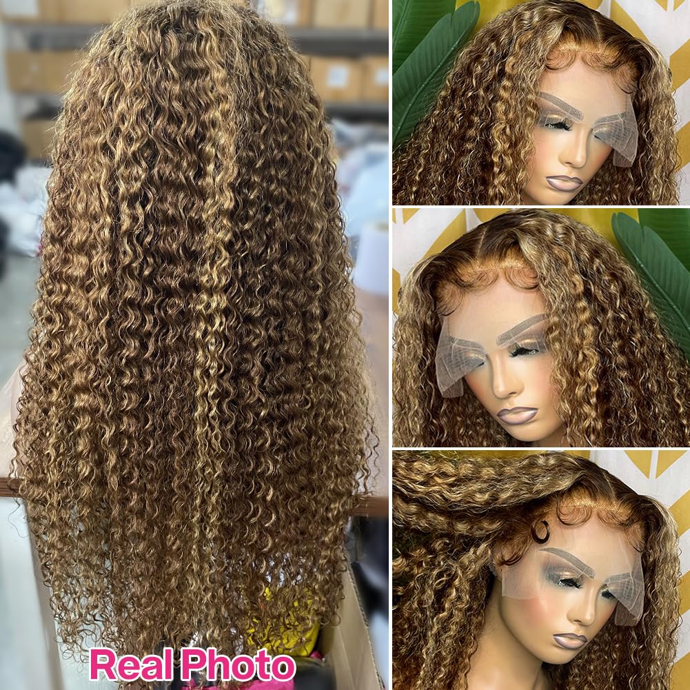 Side View of Honey Blonde Highlight Water Wave Human Hair Wig