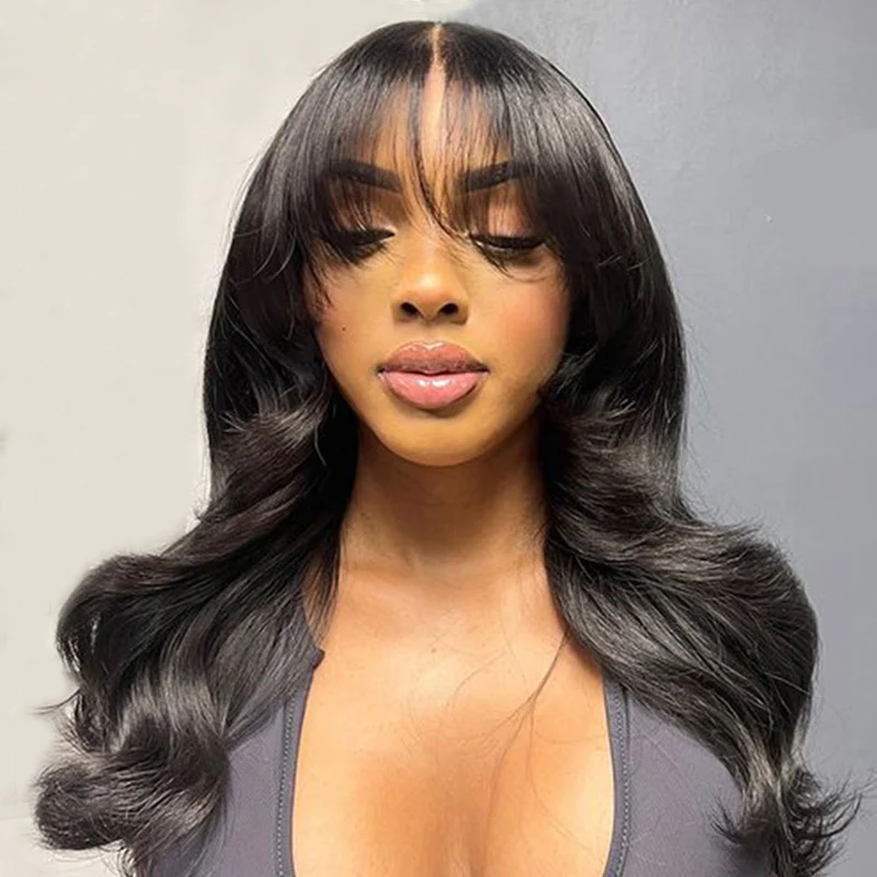 Human hair wig with bangs featuring natural soft fringe