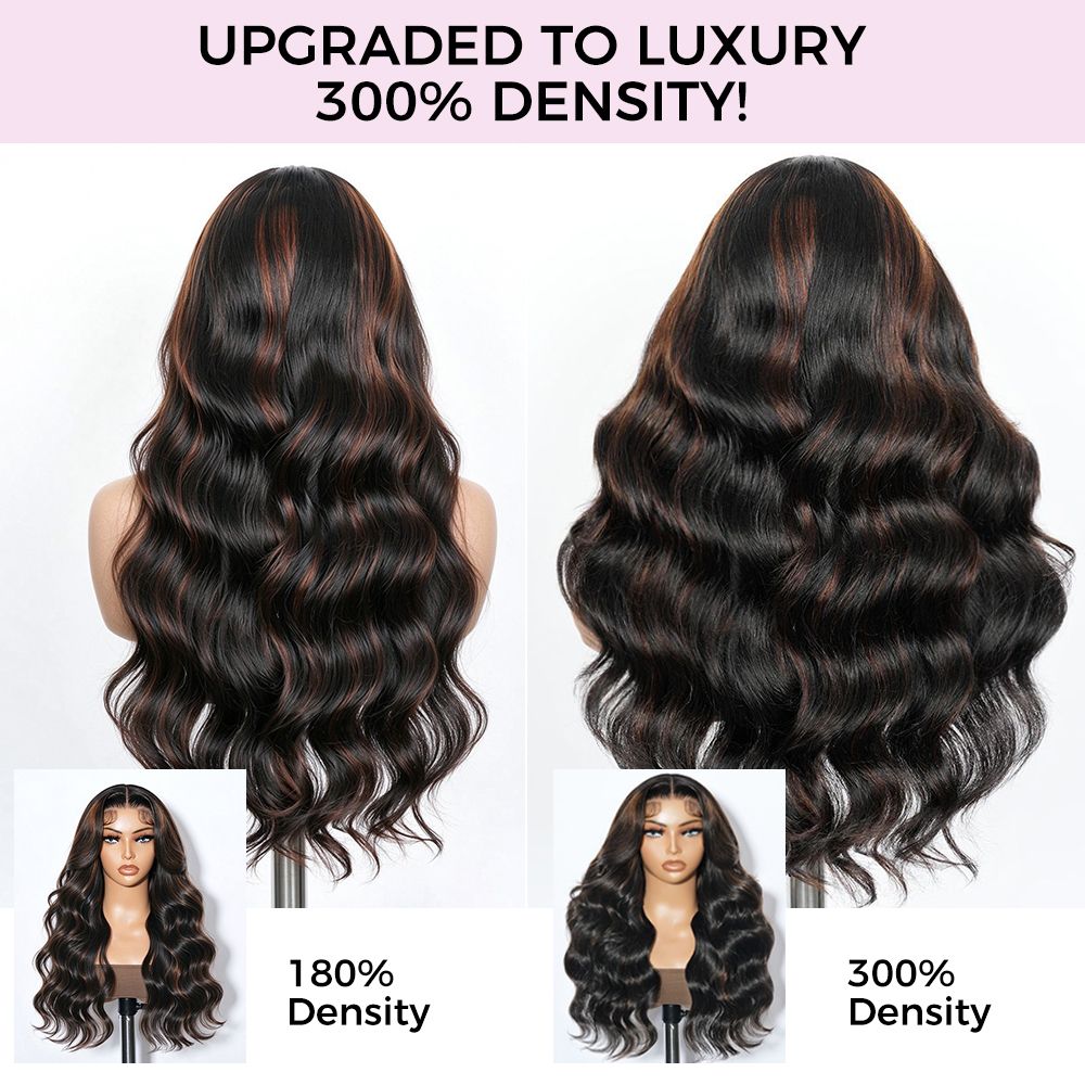 Zlike 300% Density #30 Highlight Layered Body Wave Wig with Curtain Bangs 13x4 Lace Front Human Hair Wig with Drawstring