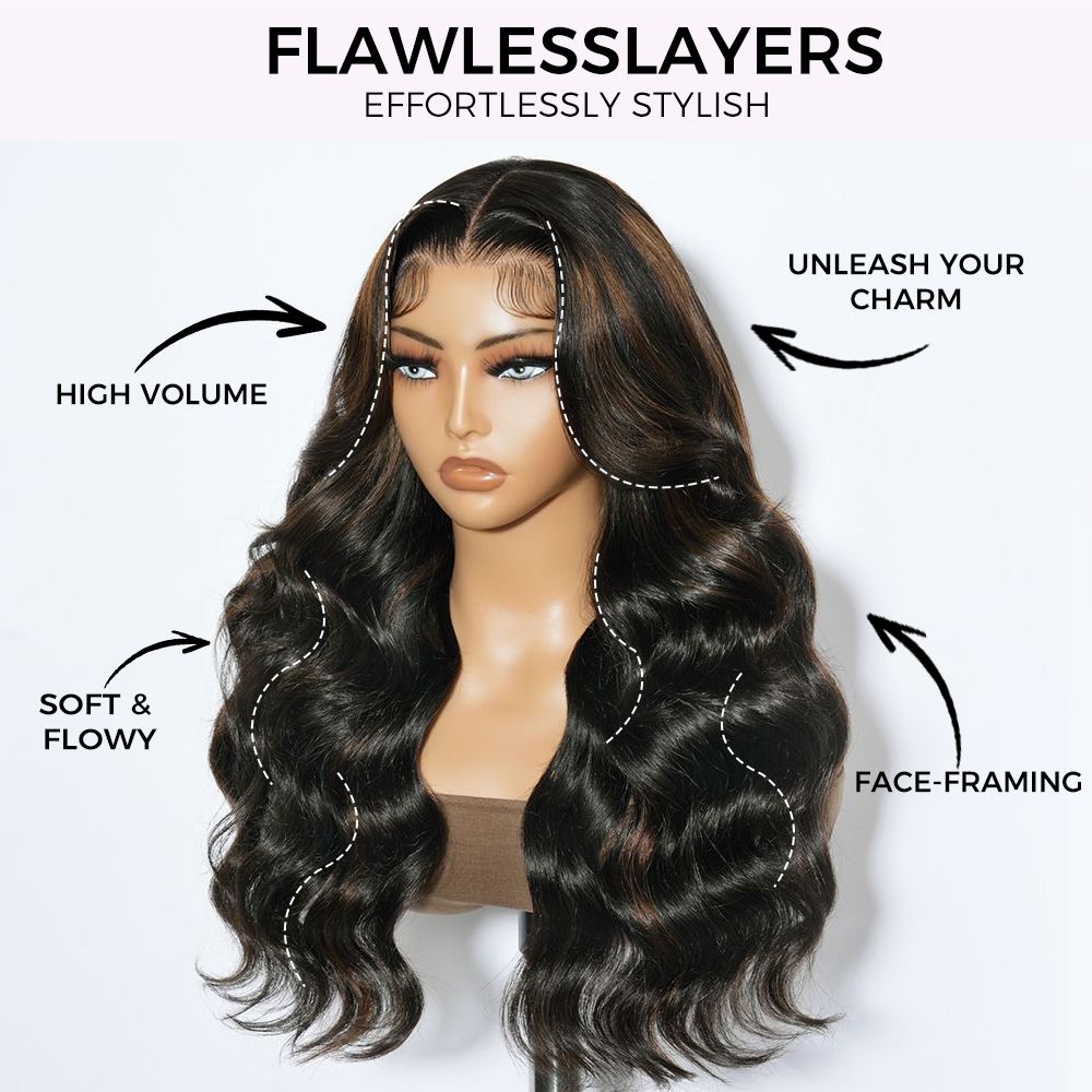 Zlike 300% Density #30 Highlight Layered Body Wave Wig with Curtain Bangs 13x4 Lace Front Human Hair Wig with Drawstring