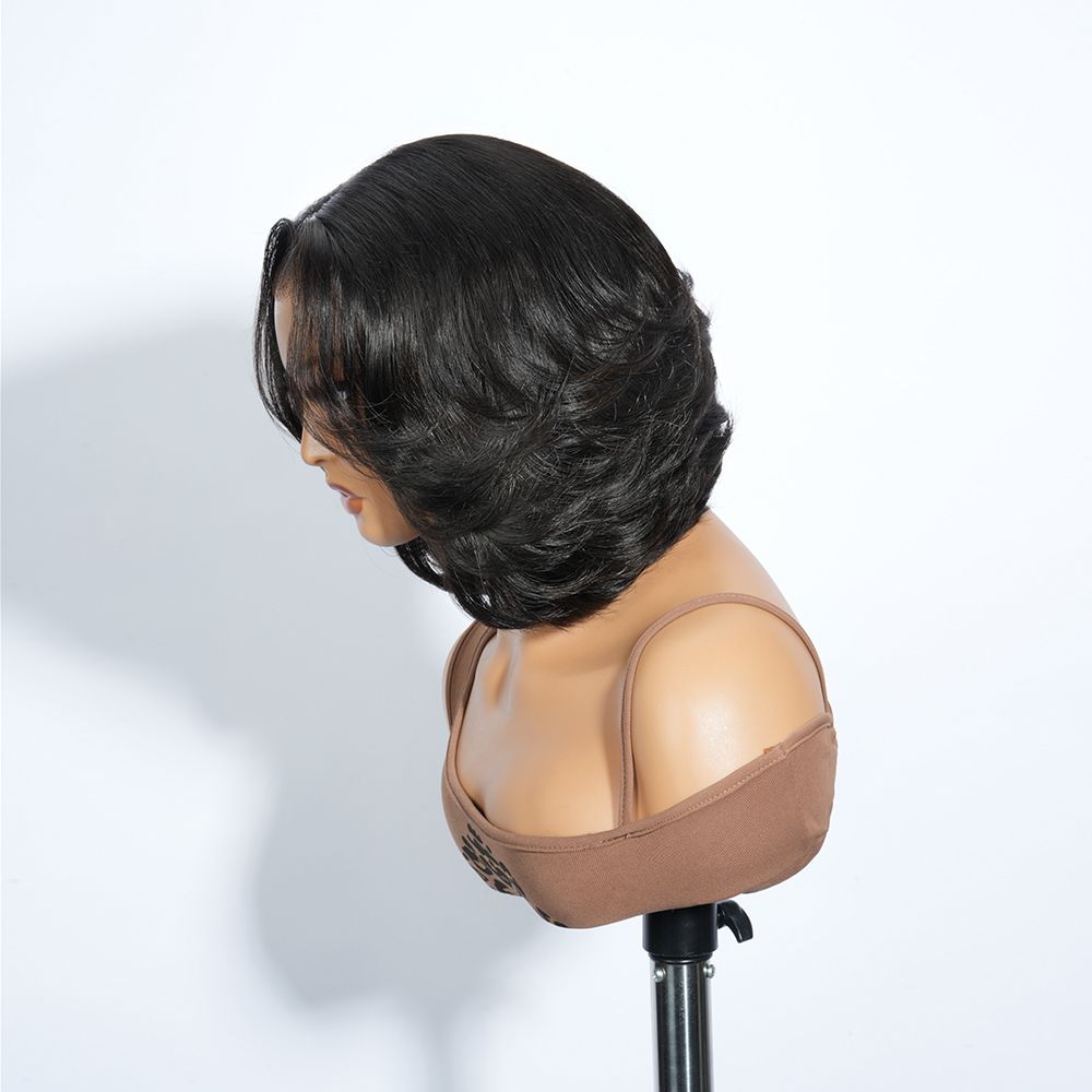 Zlike 7x5 Transparent Lace Layered Bob Wigs Glueless Wear Drawstring Human Hair Wigs Natural Look 300% Density