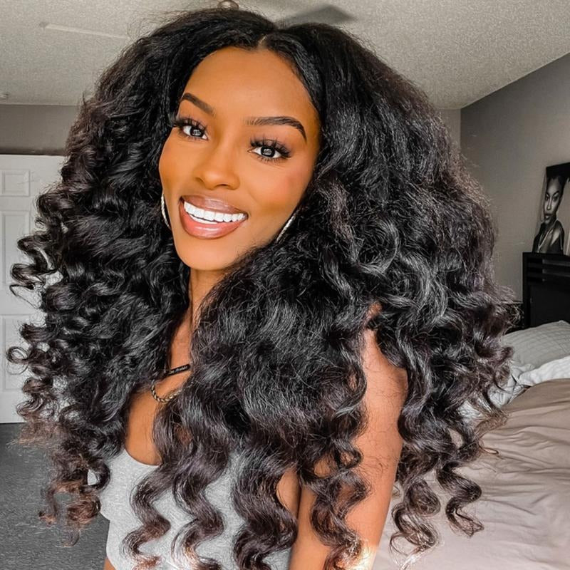 Zlike Natural Black Yaki Wand Curl Human Hair Wig 300% Density 13x4 Transparent Lace Glueless Pre-Cut Lace Wig with Drawstring Cap