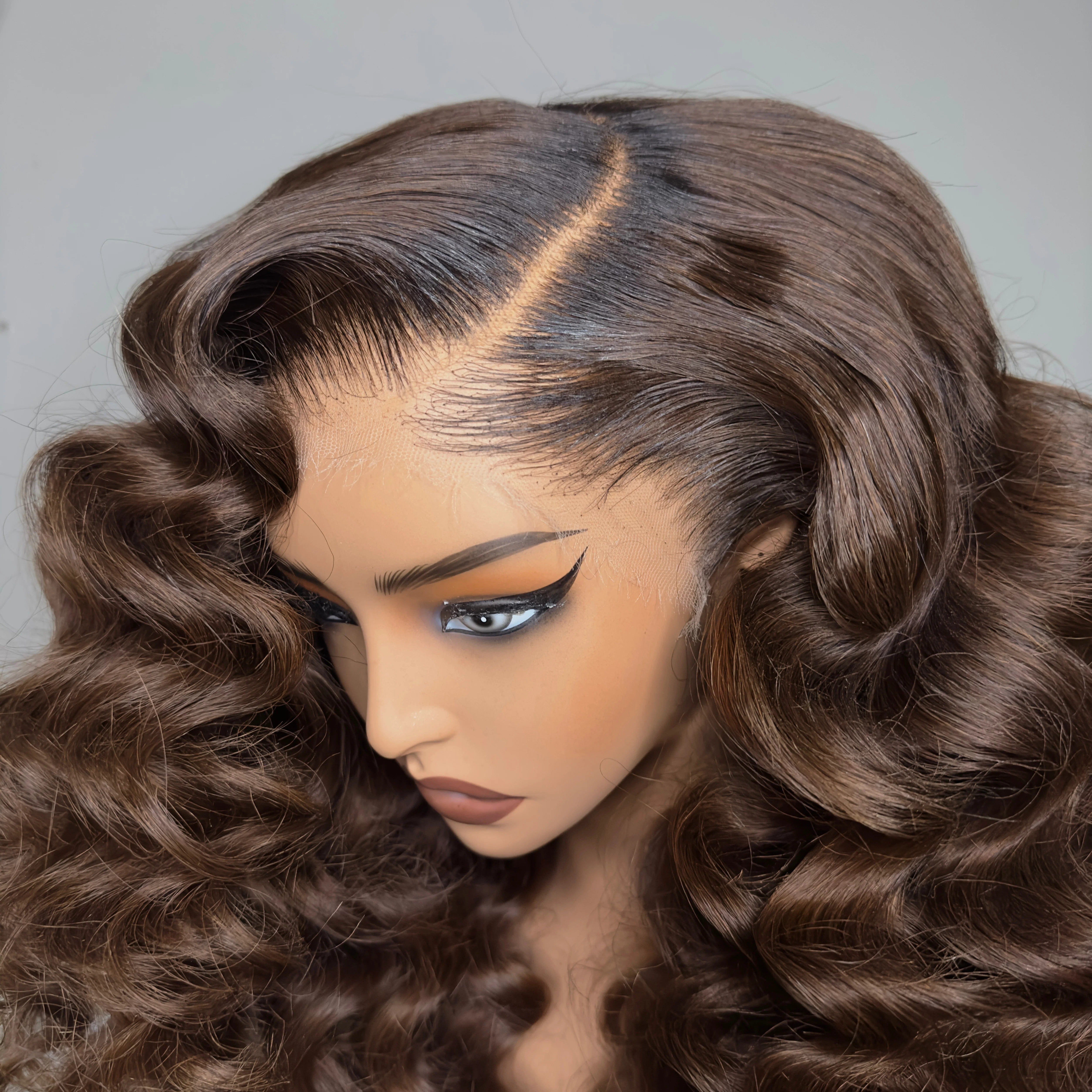 Zlike Wand Curl Chocolate Brown Wigs 300% Density Virgin Human Hair Wigs Transparent Lace Super Double Drawn With Dark Roots