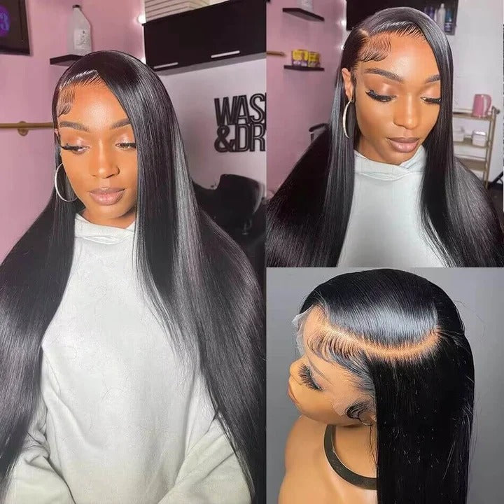 Zlike 300% Density Straight Human Hair Lace Front Wigs 13x6 Glueless Pre-Cut Lace Wig With Drawstring Natural Color