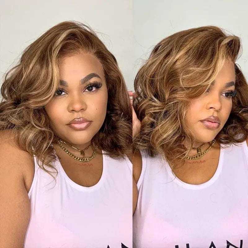 Zlile Blonde Highlight Pre-Styled Body Wave Ready To Go Glueless Layer Wavy Bob Wig With Baby Hair