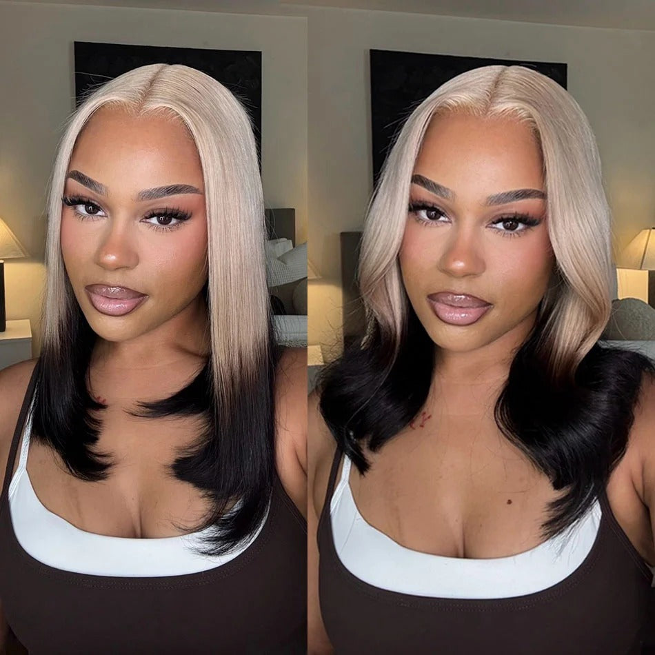 Zlike Blonde With Black Transparent Lace Wigs Invisible Knots Drawstring Virgin Human Hair Straight & Body Wave