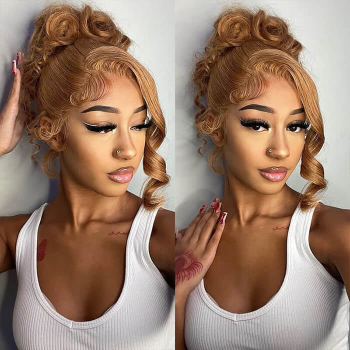 Zlike #27 Honey Blonde Color Invisible-Pull String 360 Lace Frontal Wigs Glueless HD Lace Wigs With Pre Plucked