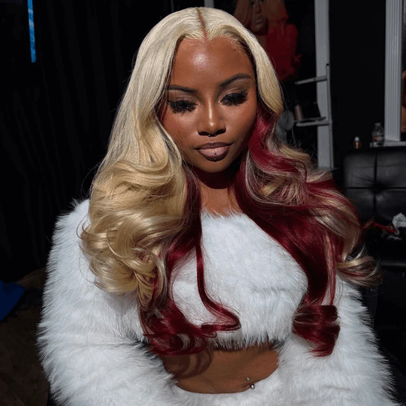 Zlike Peekaboo Blonde 99J Red 13x4 Transparent Lace Front Glueless Wig with Drawstring 200% Density Virgin Human Hair Wig