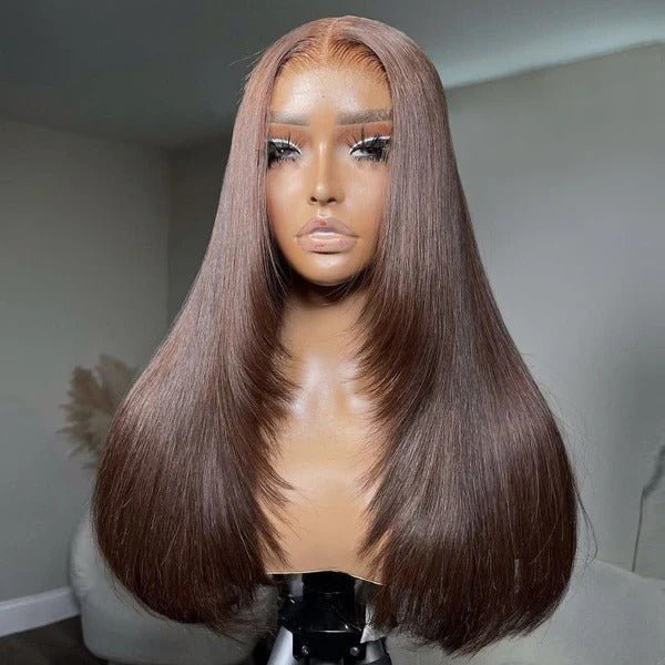Zlike Straight Chocolate Brown Color Layered Cut Wear Go Glueless Wigs 100% Human Hair Lace Closure Wigs