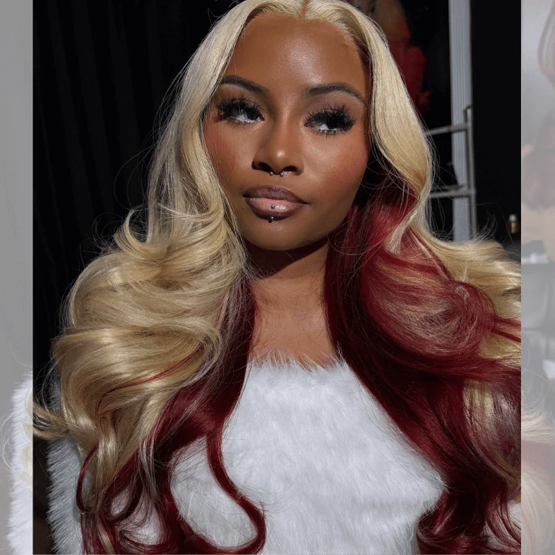 Zlike Peekaboo Blonde 99J Red 13x4 Transparent Lace Front Glueless Wig with Drawstring 200% Density Virgin Human Hair Wig