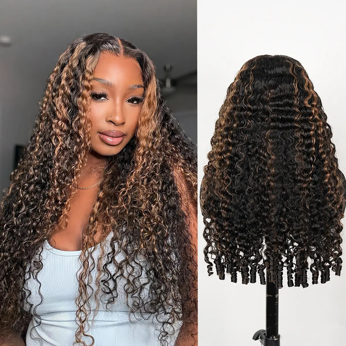 Zlike 13x6 Burmese Curly Ready To Wear Highlight Lace Front Glueless Wigs Human Hair for Beginners With Finger Coil Ends Pre Cut Lace