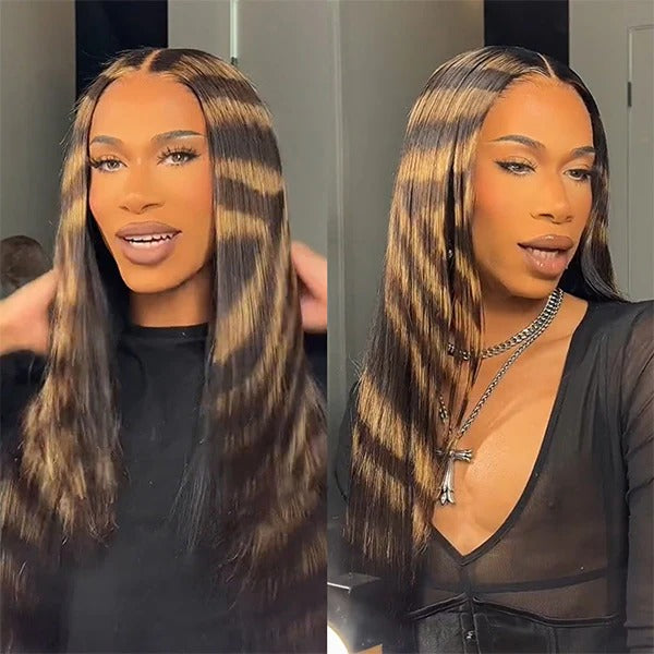 Zlike Blonde Highlight Patches Transparent Lace Front Straight Human Hair Wigs