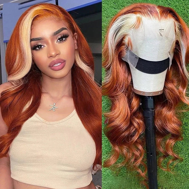Zlike Ginger With Blonde Skunk Stripe Lace Front Wigs Body Wave Human Hair Wigs