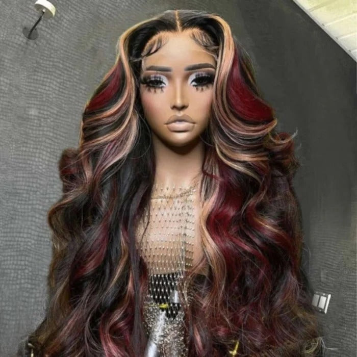 Zlike Glueless Loose Wave Black Burgundy Blonde Highlight 13x4 Lace Front Human Hair Wigs With Drawstring