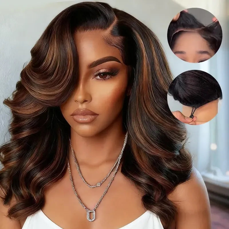 Zlike Balayage Brown Highlight Pre-Styled Bouncy Body Wave Ready To Go Glueless Layer Wavy Bob Wigs With Baby Hair