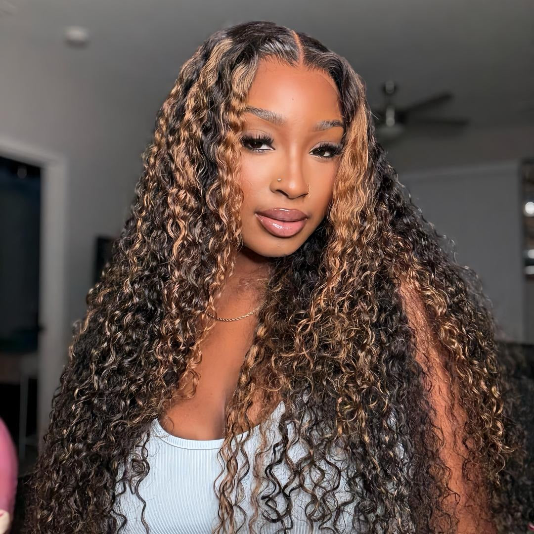 Zlike 13x6 Burmese Curly Ready To Wear Highlight Lace Front Glueless Wigs Human Hair for Beginners With Finger Coil Ends Pre Cut Lace