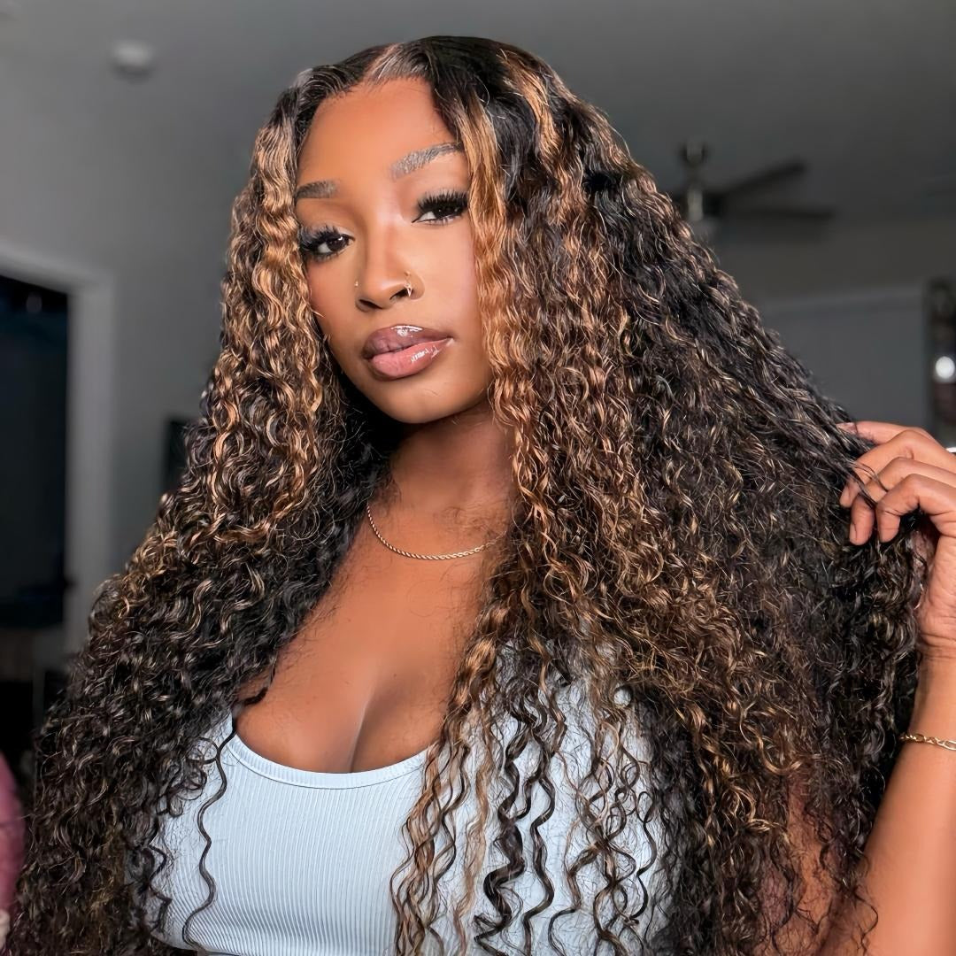 Zlike 13x6 Burmese Curly Ready To Wear Highlight Lace Front Glueless Wigs Human Hair for Beginners With Finger Coil Ends Pre Cut Lace