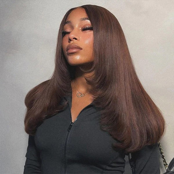 Zlike Straight Chocolate Brown Color Layered Cut Wear Go Glueless Wigs 100% Human Hair Lace Closure Wigs
