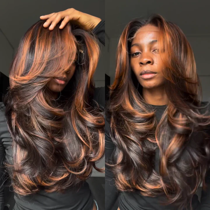 Zlike Zlike Highlight Ginger Brown Loose Wave Lace Front Wigs with Curtain Bangs Glueless Drawstring Human Hair Wigs Transparent Lace Pre Plucked