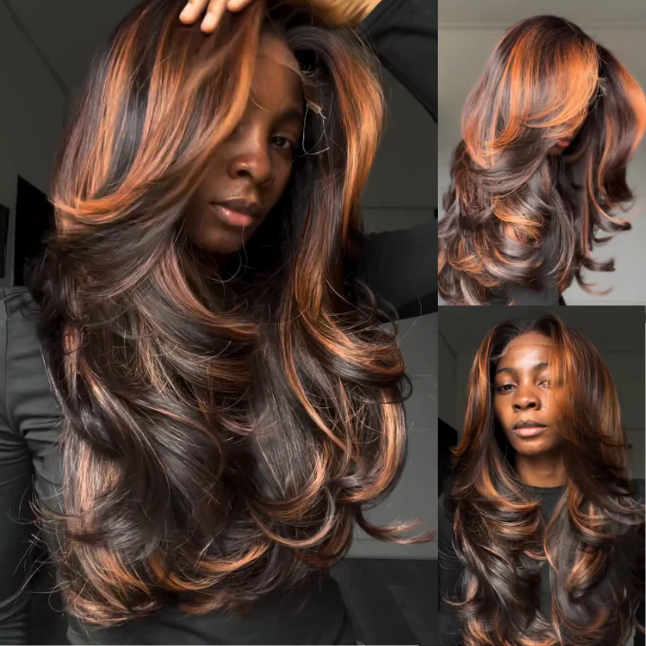 Zlike Zlike Highlight Ginger Brown Loose Wave Lace Front Wigs with Curtain Bangs Glueless Drawstring Human Hair Wigs Transparent Lace Pre Plucked