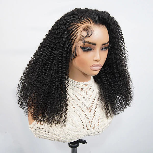 Styled Wig | Side Braided Curly Glueless Natural Melt Pre-Cut 13x4 Lace Frontal Wig Snug Fit Drawstring Cap Bleached Knots Wear Go Wig With Baby Hair