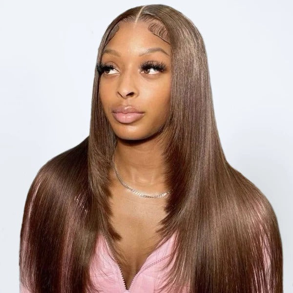 Zlike Straight Chocolate Brown Color Layered Cut Wear Go Glueless Wigs 100% Human Hair Lace Closure Wigs