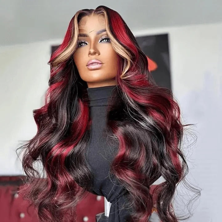 Zlike Glueless Loose Wave Black Burgundy Blonde Highlight 13x4 Lace Front Human Hair Wigs With Drawstring