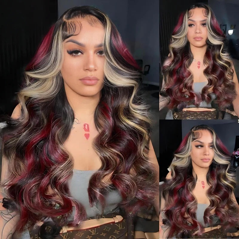 Zlike Glueless Loose Wave Black Burgundy Blonde Highlight 13x4 Lace Front Human Hair Wigs With Drawstring