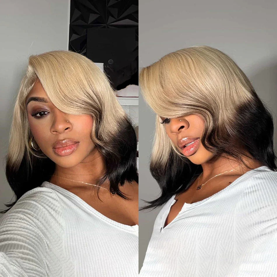 Zlike Blonde With Black Transparent Lace Wigs Invisible Knots Drawstring Virgin Human Hair Straight & Body Wave