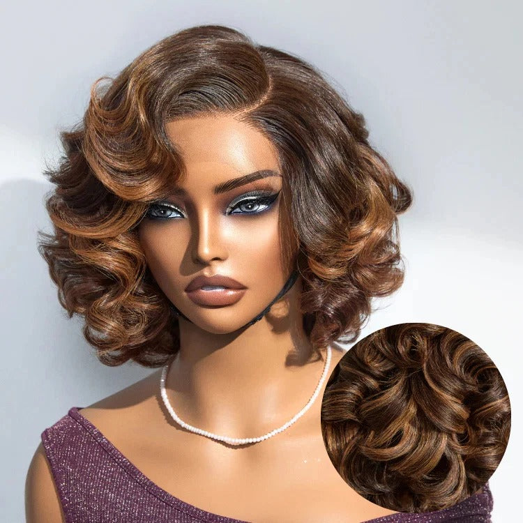 Zlike Side Part Roman Wave Bob Wigs Human Hair Glueless Lace Wig Lady Wigs