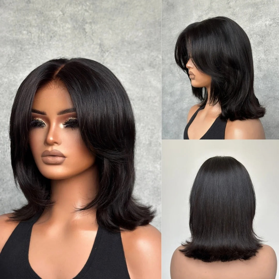 Zlike 7x5 Glueless Lace Human Hair Wigs Sleek Swoop Bangs Face-Framing Layered Bob Blowout