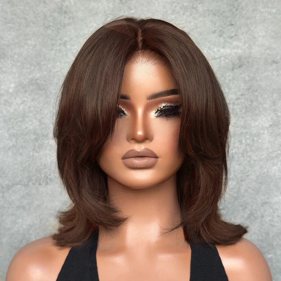 Zlike 7x5 Glueless Lace Human Hair Wigs Sleek Swoop Bangs Face-Framing Layered Bob Blowout
