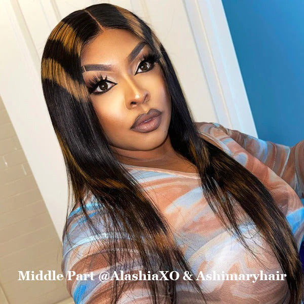 Zlike Blonde Highlight Patches Transparent Lace Front Straight Human Hair Wigs