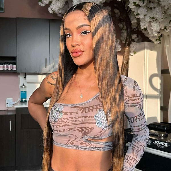 Zlike Blonde Highlight Patches Transparent Lace Front Straight Human Hair Wigs