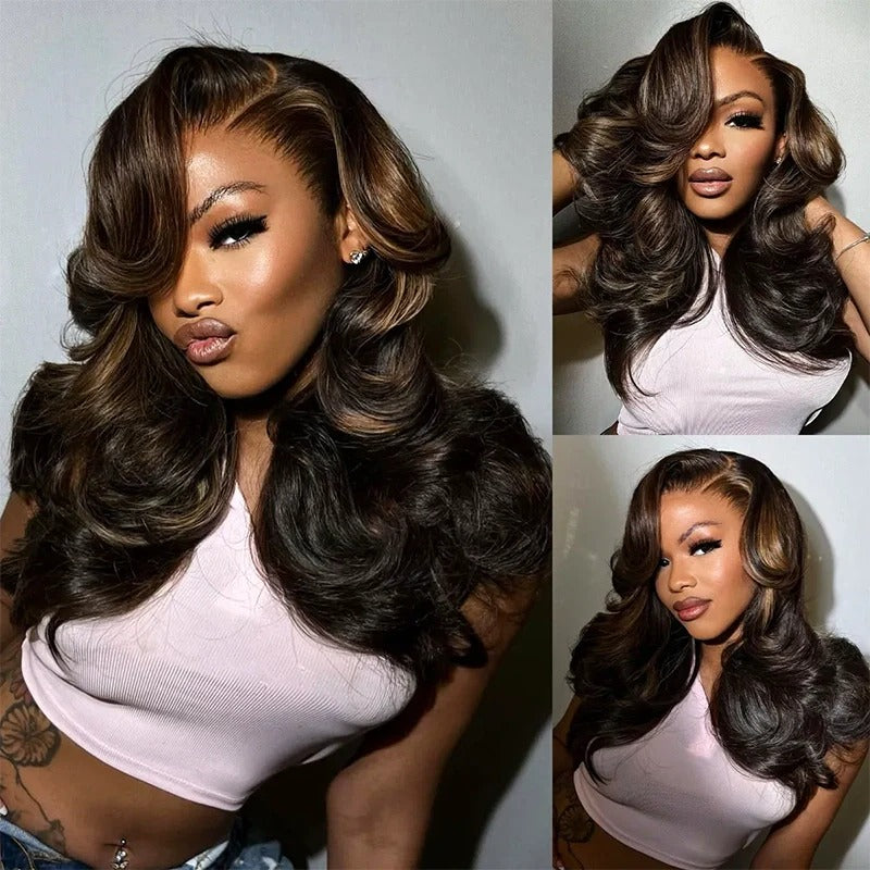 Zlike Balayage Brown Highlight Feathered Layer 13x6 Lace Front Wigs Glueless Pull & Go Pre-Styled Human Hair Wigs