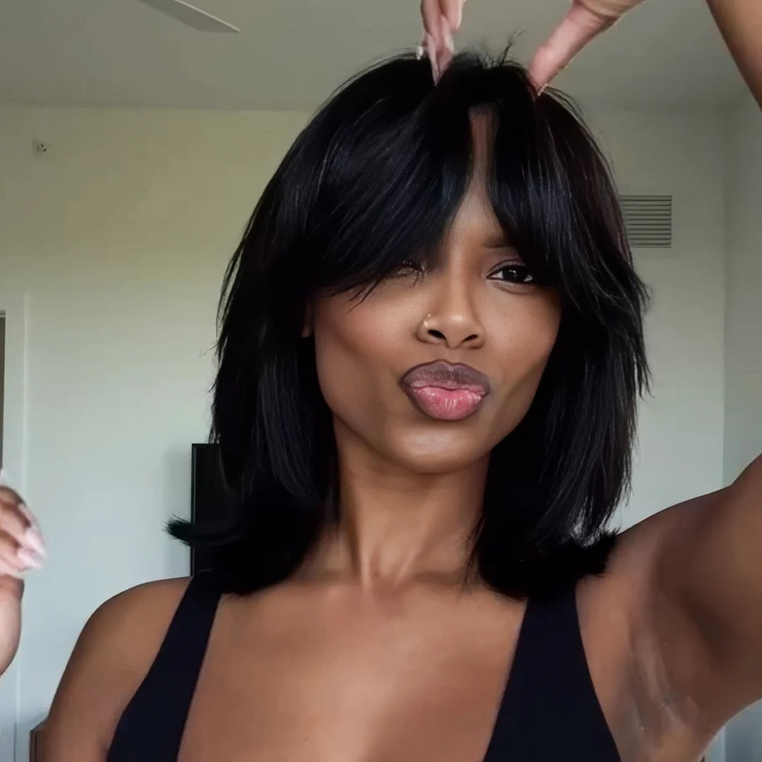 Zlike 7x5 Glueless Lace Human Hair Wigs Sleek Swoop Bangs Face-Framing Layered Bob Blowout