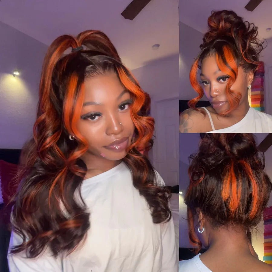 Zlike Ginger Highlight Body Wave Wig 360 Lace Frontal Invisi Strap Snug Fit Human Hair Wigs