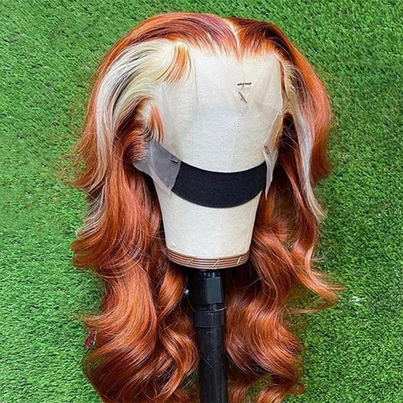 Zlike Ginger With Blonde Skunk Stripe Lace Front Wigs Body Wave Human Hair Wigs