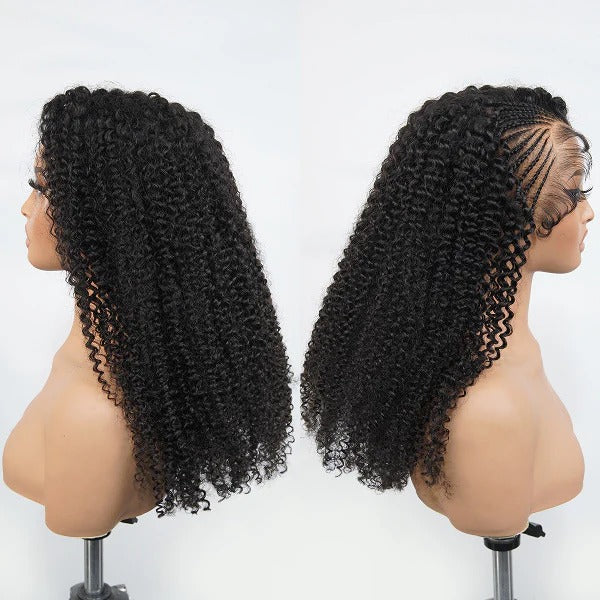 Styled Wig | Side Braided Curly Glueless Natural Melt Pre-Cut 13x4 Lace Frontal Wig Snug Fit Drawstring Cap Bleached Knots Wear Go Wig With Baby Hair