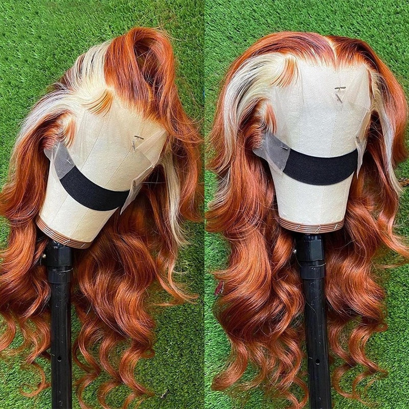 Zlike Ginger With Blonde Skunk Stripe Lace Front Wigs Body Wave Human Hair Wigs