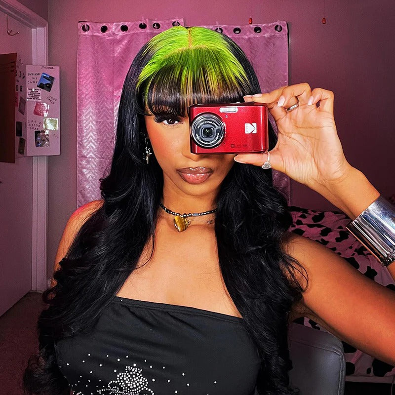 Zlike Hot Roots Billie Eilish Hairstyles Neon Green Roots On Black Hair Lace Wigs