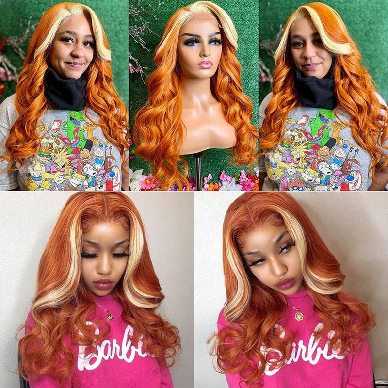 Zlike Ginger With Blonde Skunk Stripe Lace Front Wigs Body Wave Human Hair Wigs