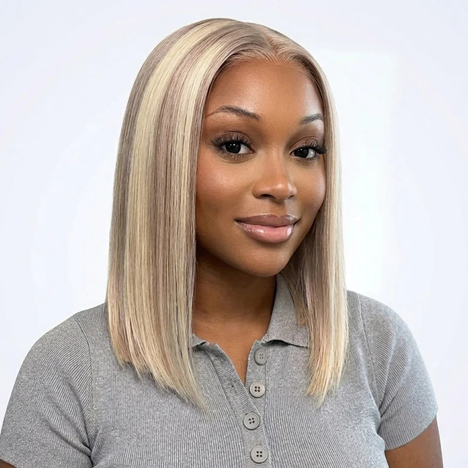 Zlike  Zlike Blonde Highlight Straight Bob Wigs Invisible Knots Realistic Hairline With Drawstring Beginner Friendly Human Hair Wigs
