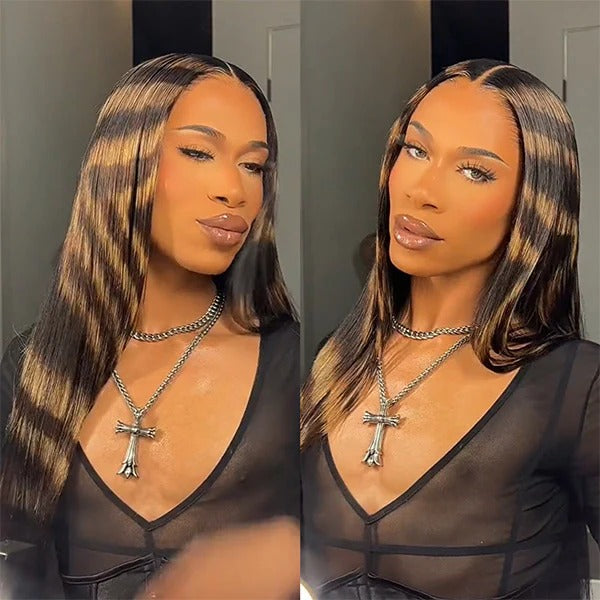 Zlike Blonde Highlight Patches Transparent Lace Front Straight Human Hair Wigs