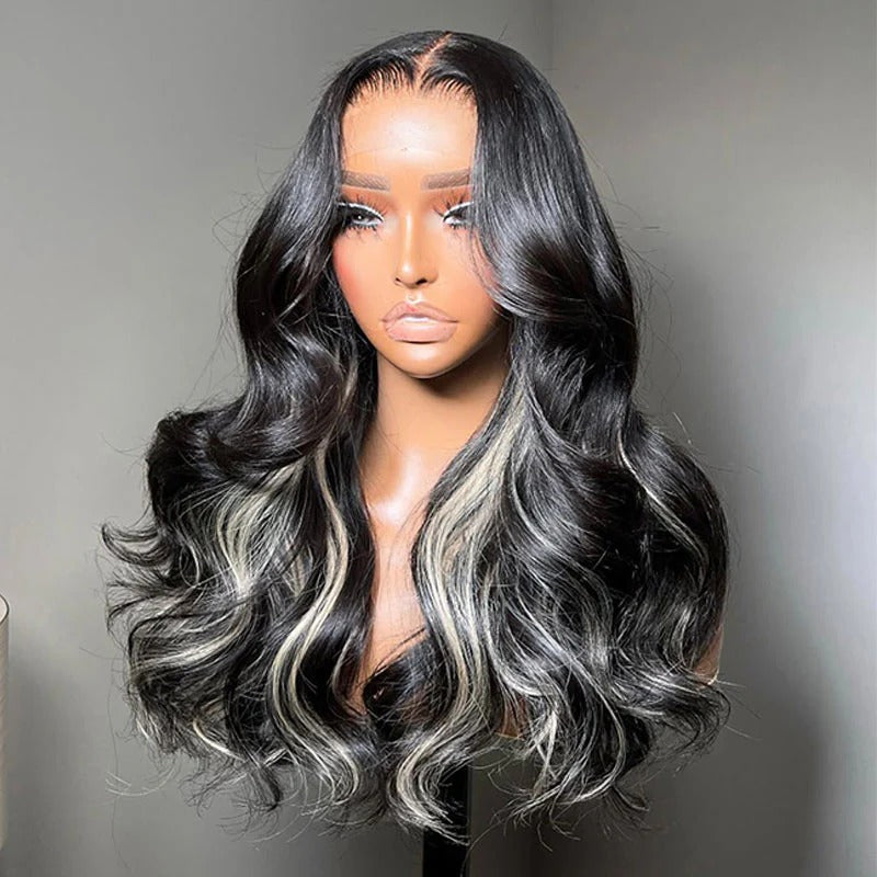 Zlike 1B/613 Black to Blonde Body Wave Middle Part Human Hair Wigs Glueless Drawstring Wigs